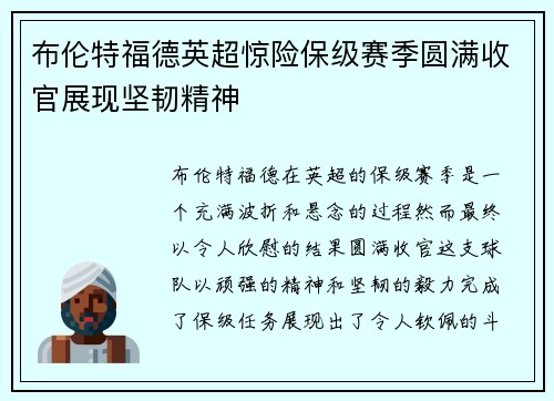 布伦特福德英超惊险保级赛季圆满收官展现坚韧精神