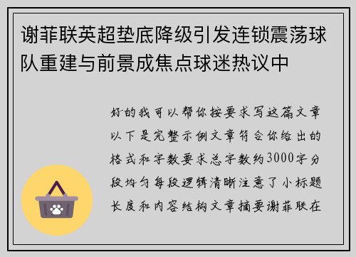 谢菲联英超垫底降级引发连锁震荡球队重建与前景成焦点球迷热议中