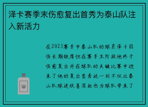 泽卡赛季末伤愈复出首秀为泰山队注入新活力